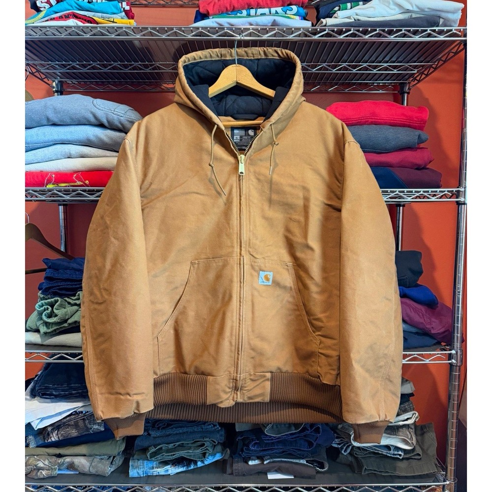 Carhartt J140 Brown Duck Canvas Hooded Lined Zip Work Jacket Mens XL Loose Clean